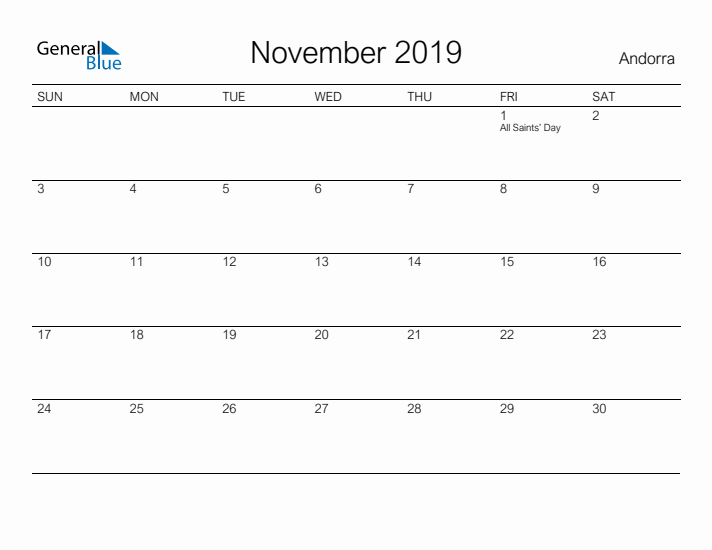 Printable November 2019 Calendar for Andorra