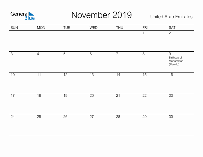 Printable November 2019 Calendar for United Arab Emirates