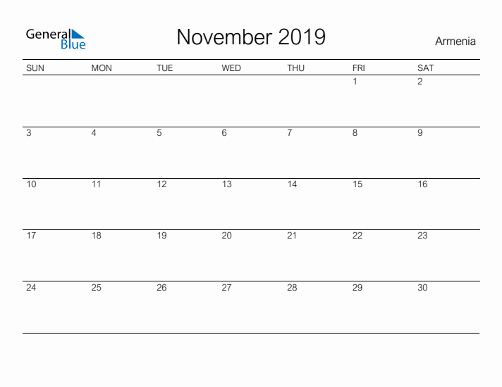 Printable November 2019 Calendar for Armenia