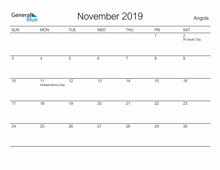 Printable November 2019 Calendar for Angola