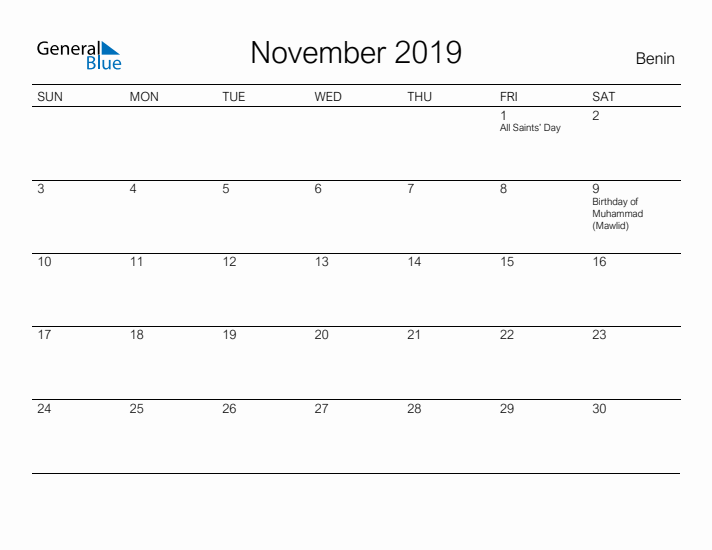 Printable November 2019 Calendar for Benin