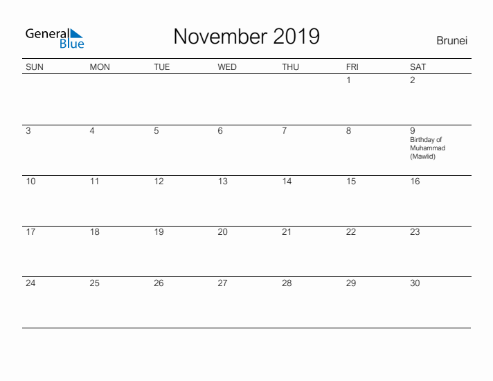 Printable November 2019 Calendar for Brunei