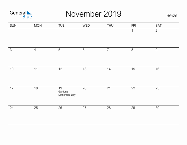 Printable November 2019 Calendar for Belize