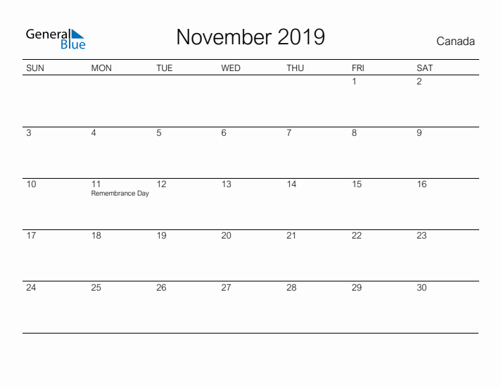 Printable November 2019 Calendar for Canada