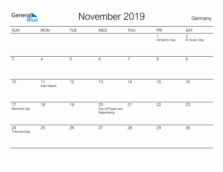 Printable November 2019 Calendar for Germany