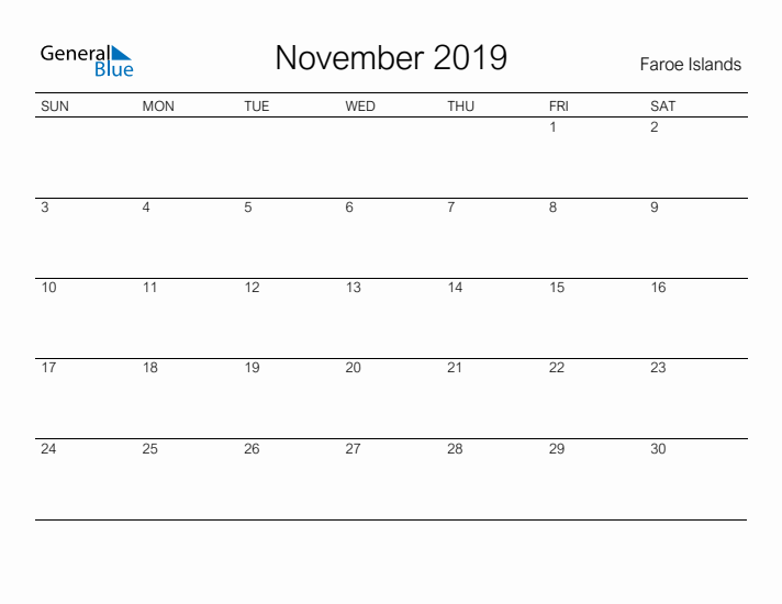 Printable November 2019 Calendar for Faroe Islands