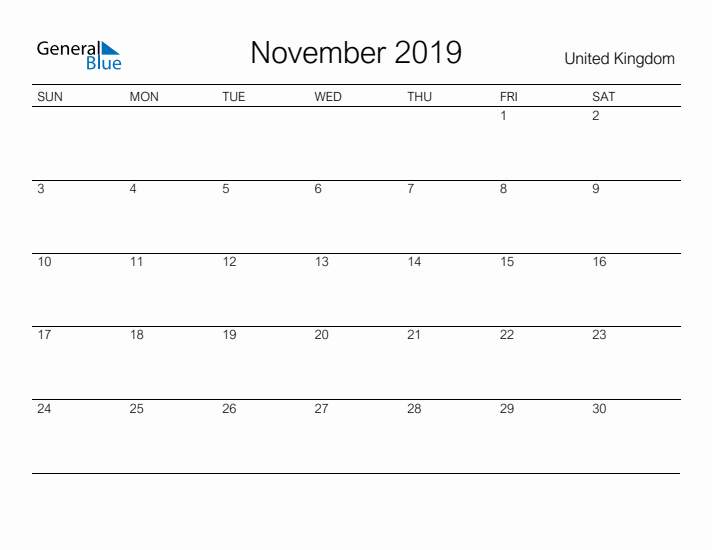 Printable November 2019 Calendar for United Kingdom