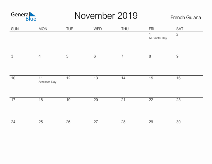 Printable November 2019 Calendar for French Guiana