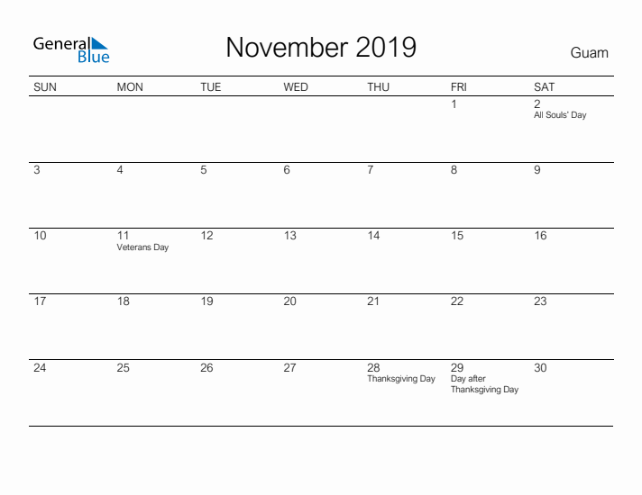 Printable November 2019 Calendar for Guam