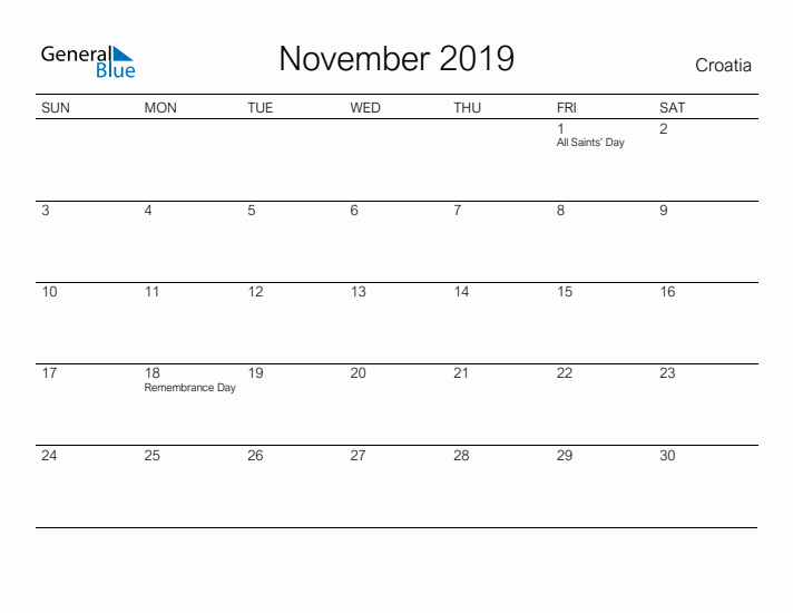 Printable November 2019 Calendar for Croatia