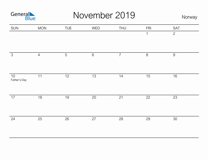 Printable November 2019 Calendar for Norway