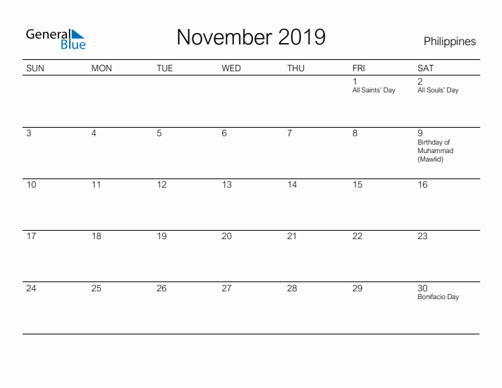 Printable November 2019 Calendar for Philippines