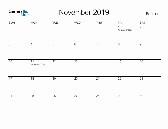 Printable November 2019 Calendar for Reunion