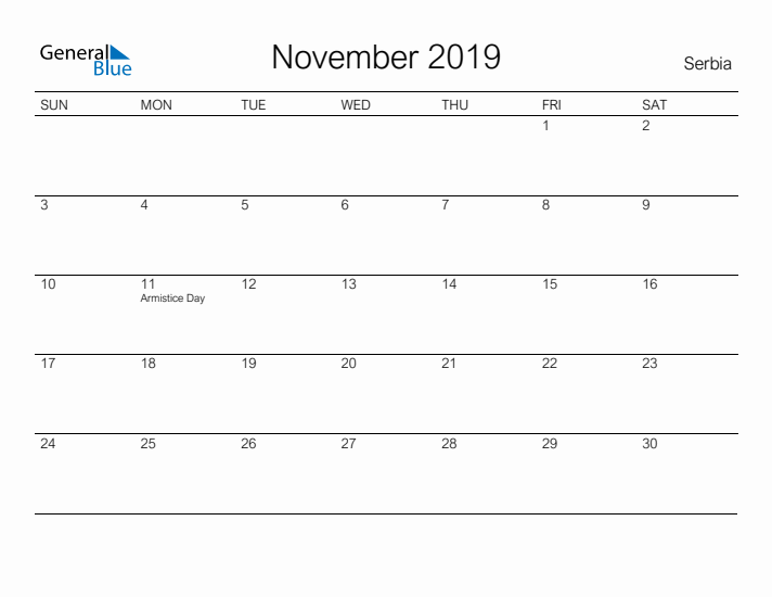 Printable November 2019 Calendar for Serbia