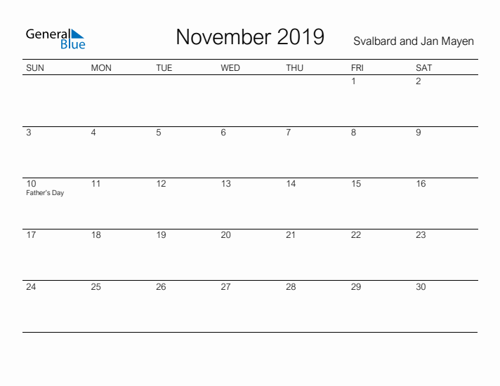 Printable November 2019 Calendar for Svalbard and Jan Mayen