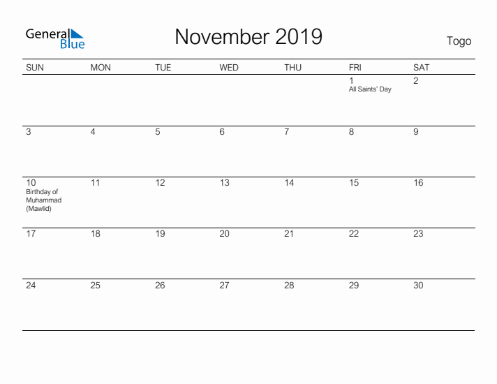 Printable November 2019 Calendar for Togo