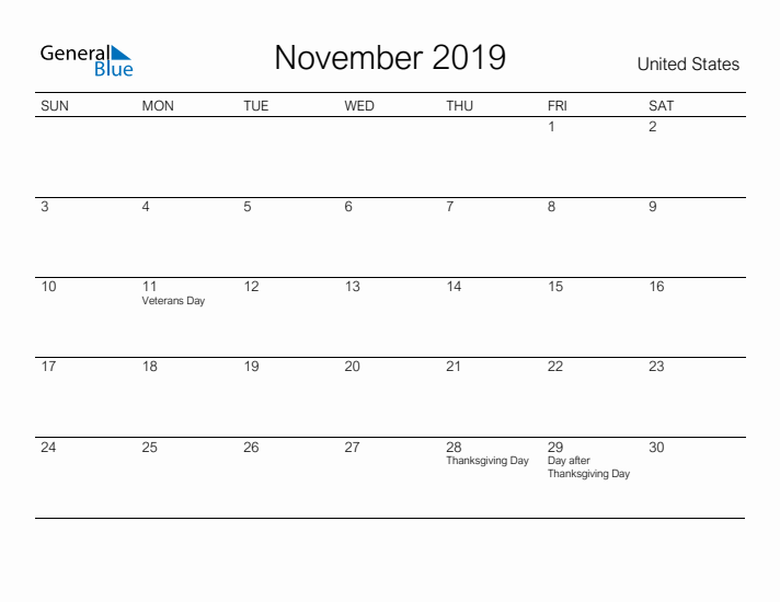 Printable November 2019 Calendar for United States