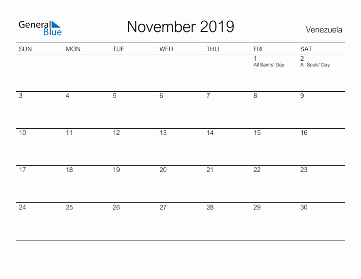 Printable November 2019 Calendar for Venezuela