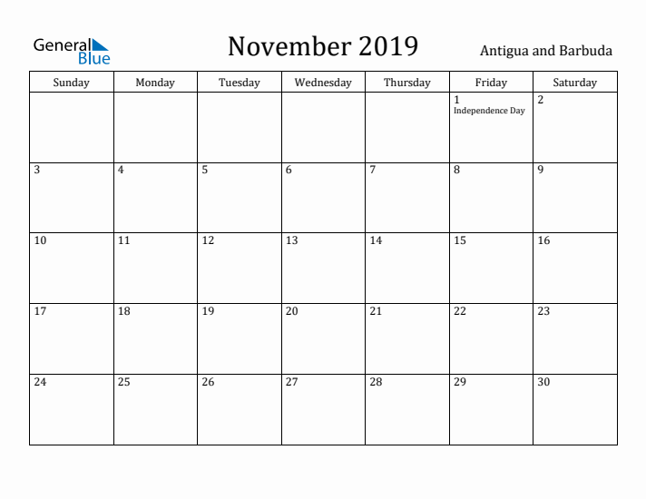 November 2019 Calendar Antigua and Barbuda