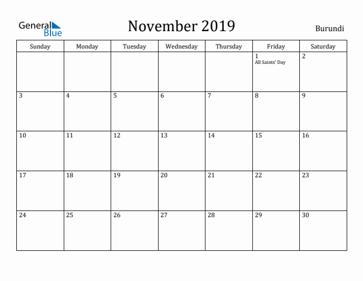 November 2019 Calendar Burundi