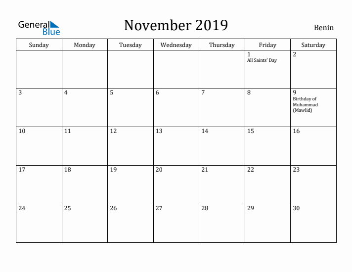 November 2019 Calendar Benin