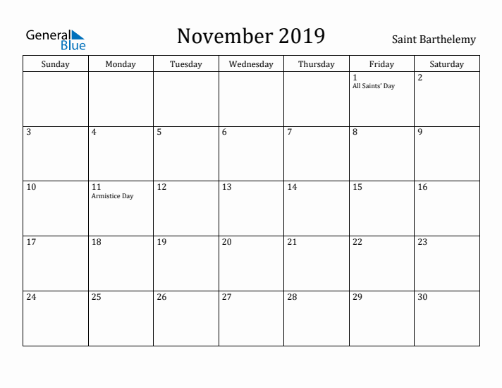 November 2019 Calendar Saint Barthelemy