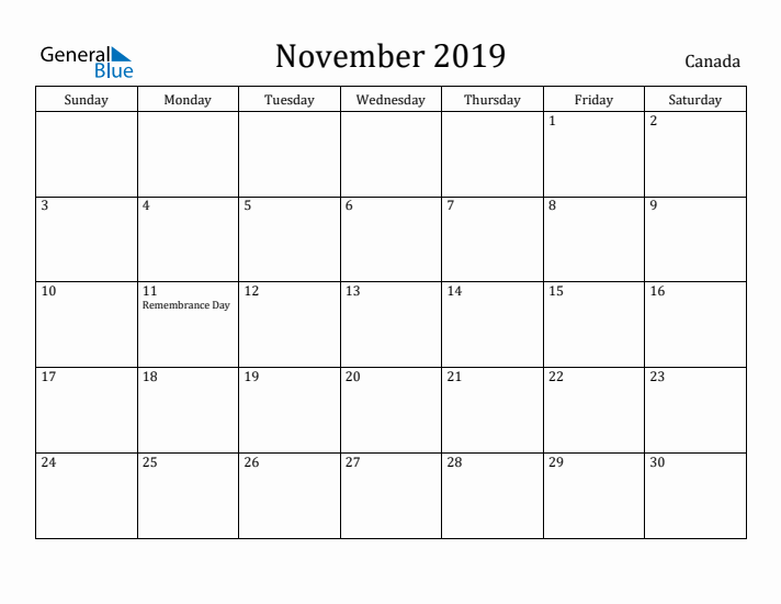 November 2019 Calendar Canada