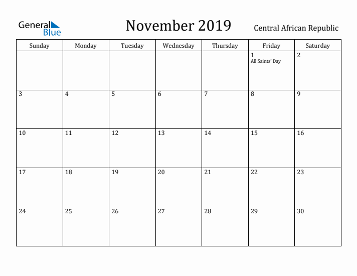 November 2019 Calendar Central African Republic