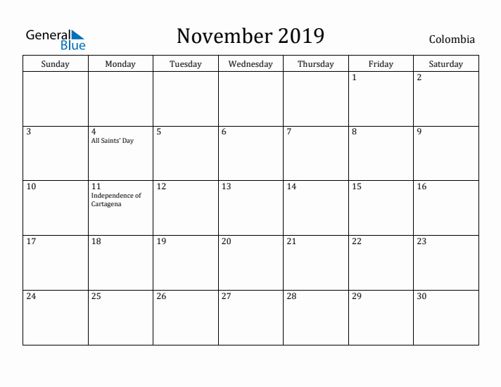 November 2019 Calendar Colombia