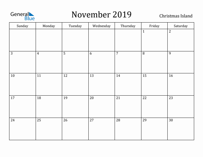 November 2019 Calendar Christmas Island