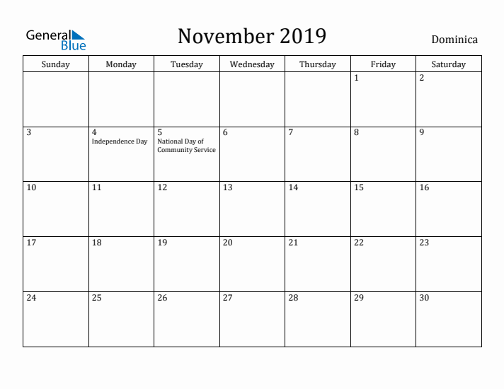 November 2019 Calendar Dominica