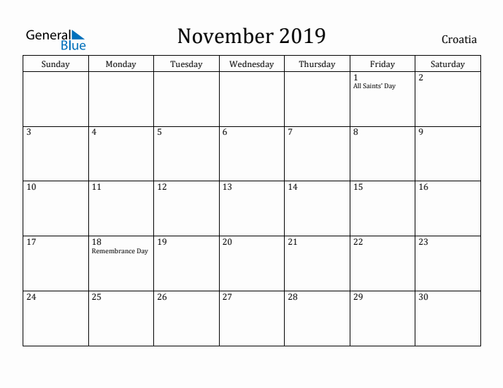 November 2019 Calendar Croatia