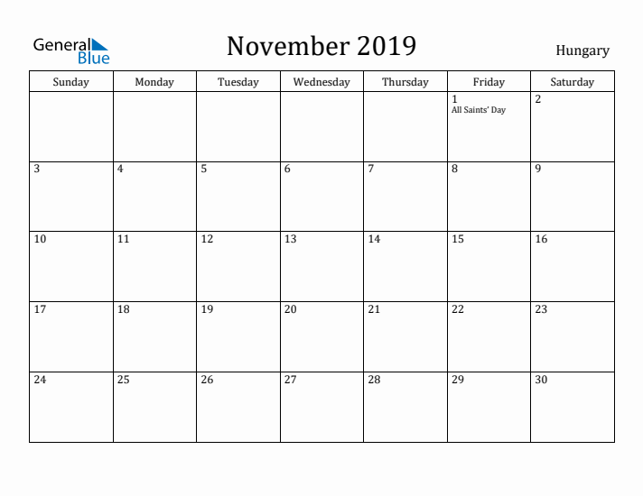 November 2019 Calendar Hungary