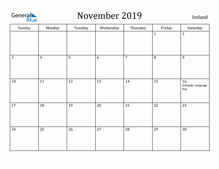 November 2019 Calendar Iceland