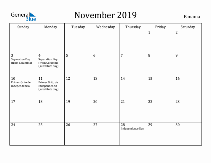 November 2019 Calendar Panama