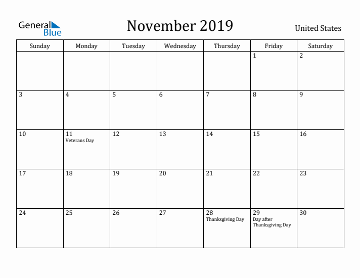 November 2019 Calendar United States