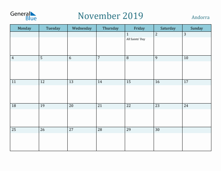 November 2019 Calendar with Holidays