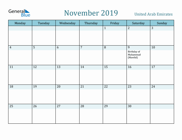 November 2019 Calendar with Holidays