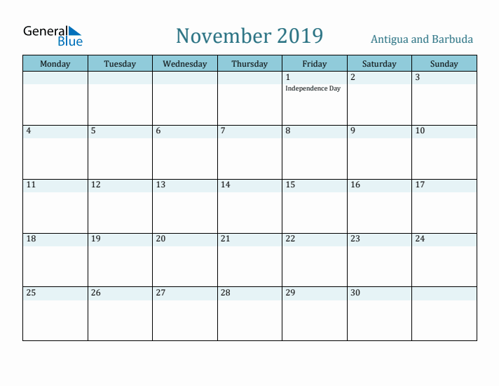 November 2019 Calendar with Holidays