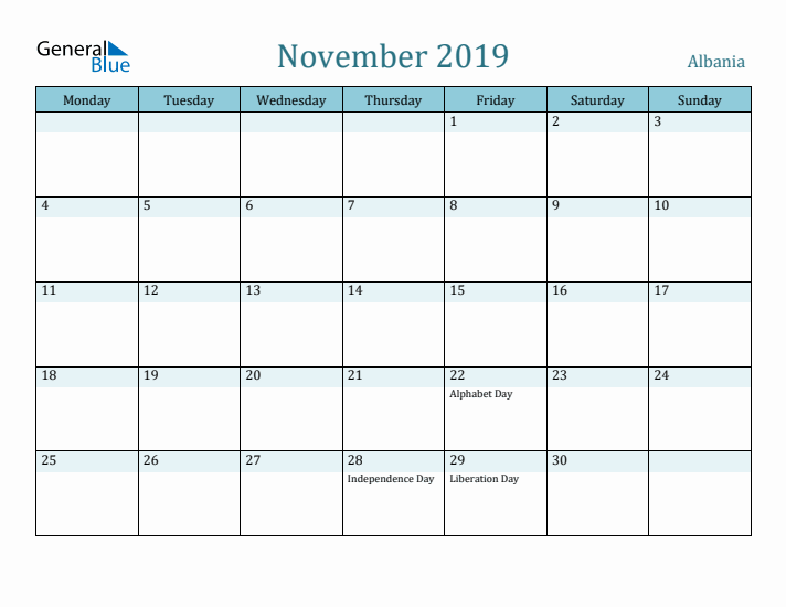 November 2019 Calendar with Holidays