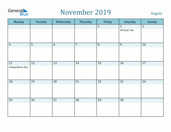 November 2019 Calendar with Holidays