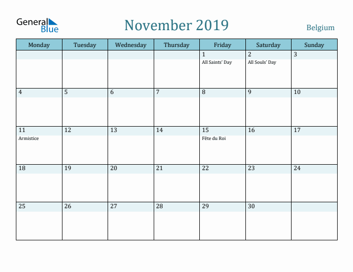 November 2019 Calendar with Holidays