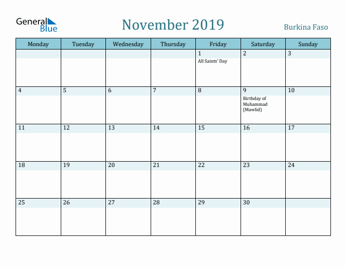 November 2019 Calendar with Holidays