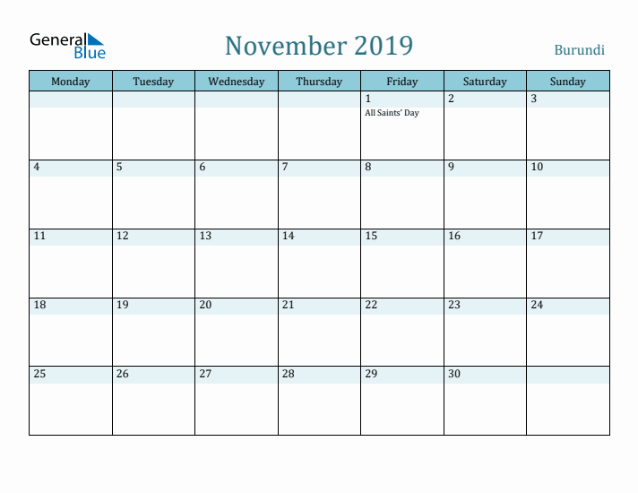 November 2019 Calendar with Holidays