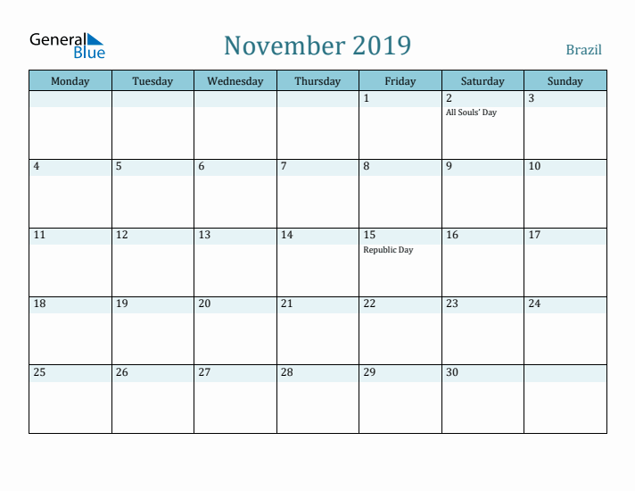 November 2019 Calendar with Holidays