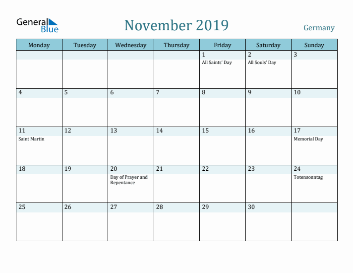 November 2019 Calendar with Holidays