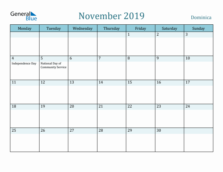 November 2019 Calendar with Holidays