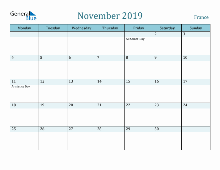 November 2019 Calendar with Holidays