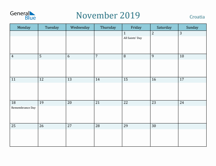 November 2019 Calendar with Holidays