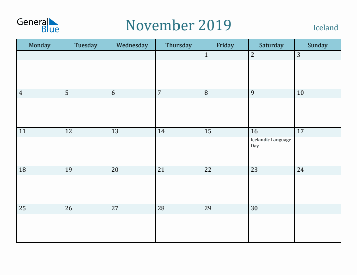 November 2019 Calendar with Holidays